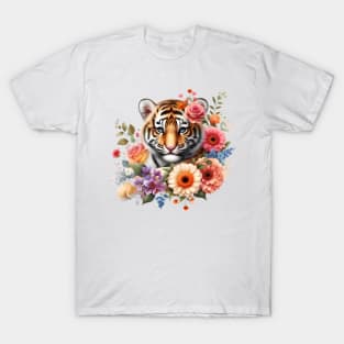 A baby tiger decorated with beautiful colorful flowers. T-Shirt